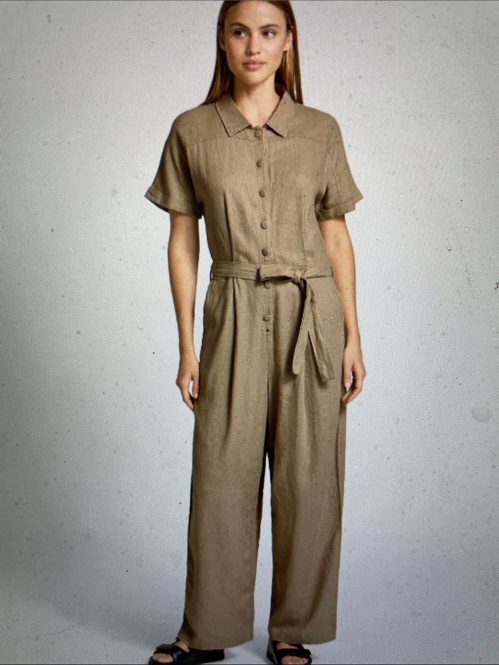 Ichi linen Women’s Short Sleeve Button-Front Jumpsuit in sand/nwt
